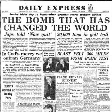 Daily Express front page reporting Hiroshima bombing