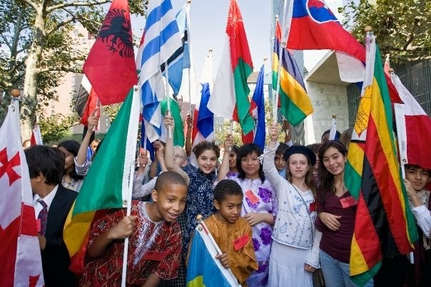 young people with flags from many countries