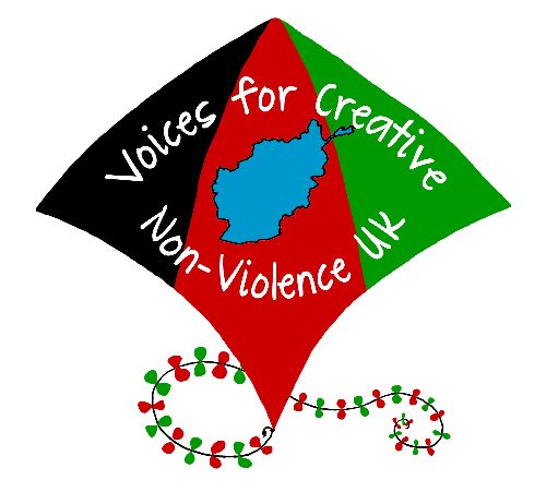 a line drawing of a kite in black, red and green with an outline map of Afghanistan in blue and the slogan 'Voices for Creative Non-Violence UK'