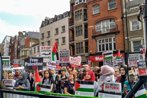 protestors with a banners reading 'Free Palestine' and others
