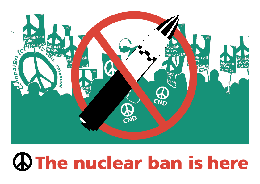 A nuclear missile with a 'banned' symbol across it, on a backdrop of demonstrators in silhouette carrying CND placards