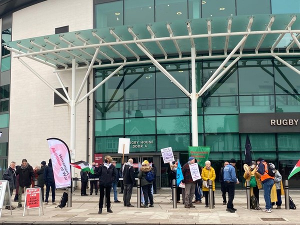 protestors outside rugby stadium